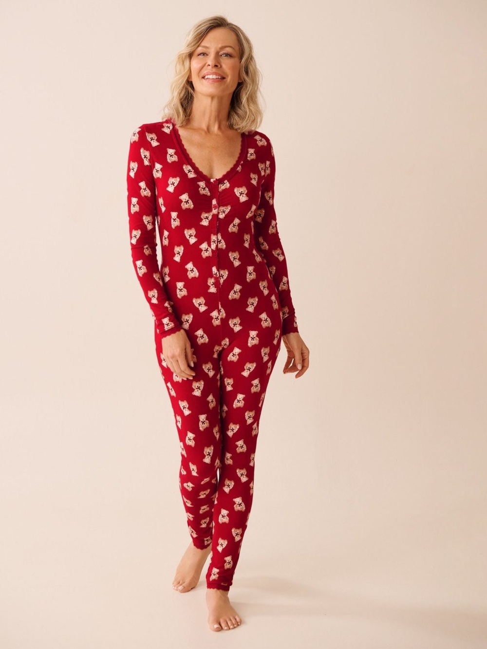 La Vie En Rose Teddy Bear Print Super Soft Long Sleeve Jumpsuit